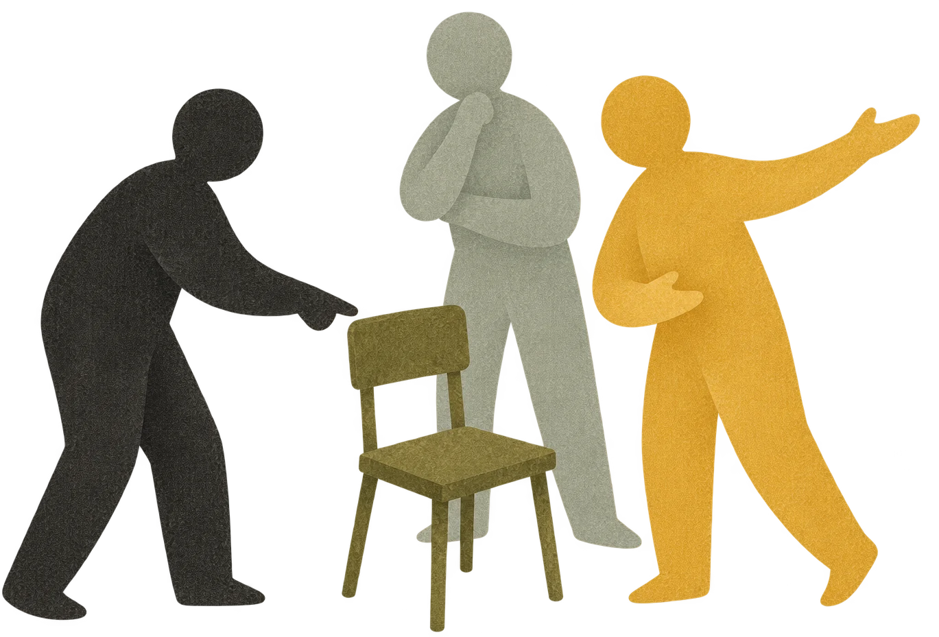 Tres figuras alrededor de una silla vacía, armando la escena.